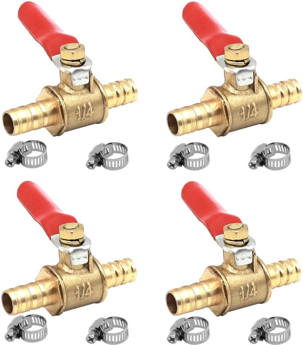 Set van 4 10 mm kogelkranen van messing, afsluitkraan met weerhaken met 8 slangklemmen voor het afsluiten van de brandstof- en luchtleiding
