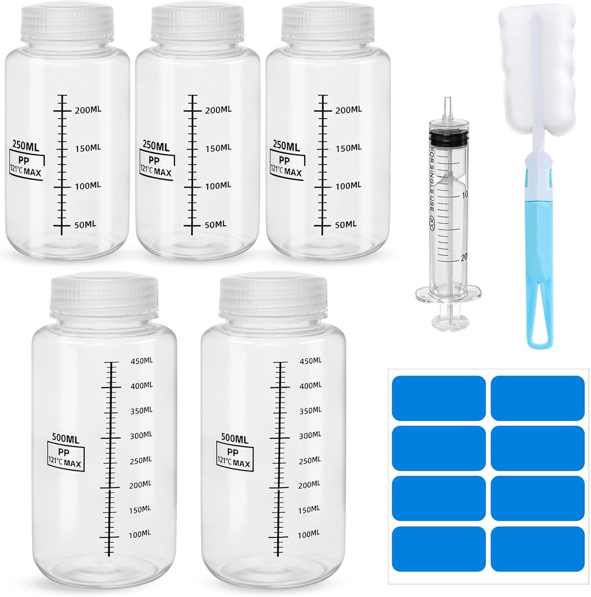 5 Stuks Fles met Brede Hals, 500 ml 250 ml Laboratoriumfles met Schroefdop, Laboratoriumfles met Etiketten, Spuit en Flessenborstel, voor het Bewaren van Vloeibare Oplosmiddelen