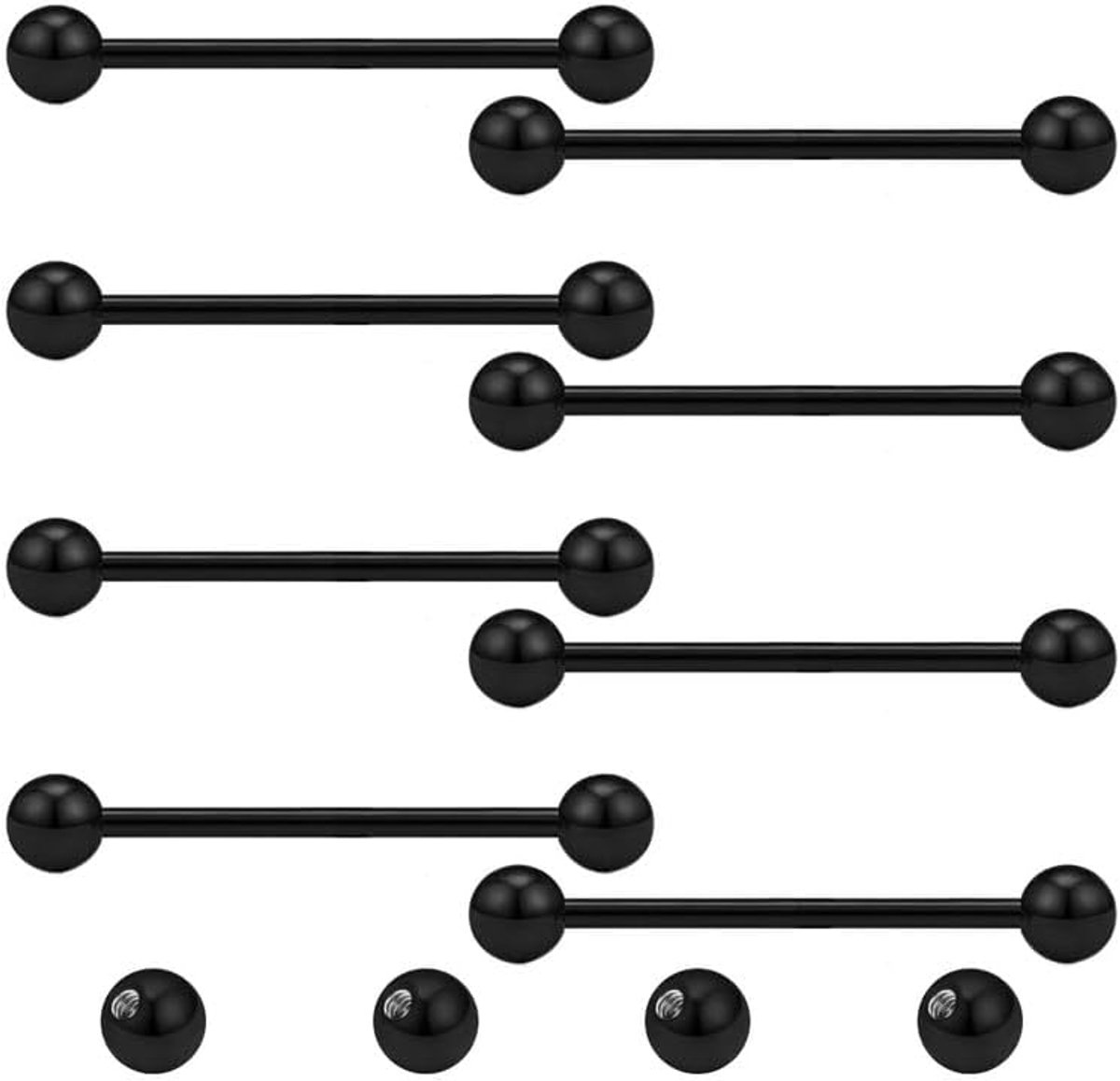 8 stuks tongtepelstangen en 4 stuks vervangende ballen 14G roestvrij staal metalen rechte barbell piercing sieraden zilver zwart 8/10/12/14/16/18/20mm
