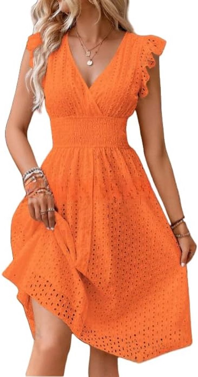 Zomerjurk voor dames, boho-jurk, V-hals, uitgesneden, schattige ruches aan de mouwen, vloeiende jurk, sexy tuniek, strandfeest, zonnejurk