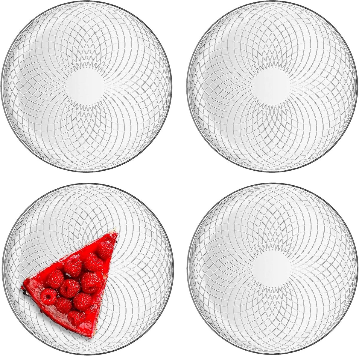 For Home Serviesset, voor 4 personen, van glas, dessertborden, ontbijtborden, serveerborden, taartborden, saladeborden, transparant, 4 stuks, Ø 17,4 cm, geometrisch patroon, Elina