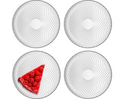 For Home Serviesset, voor 4 personen, van glas, dessertborden, ontbijtborden, serveerborden, taartborden, saladeborden, transparant, 4 stuks, Ø 17,4 cm, geometrisch patroon, Elina