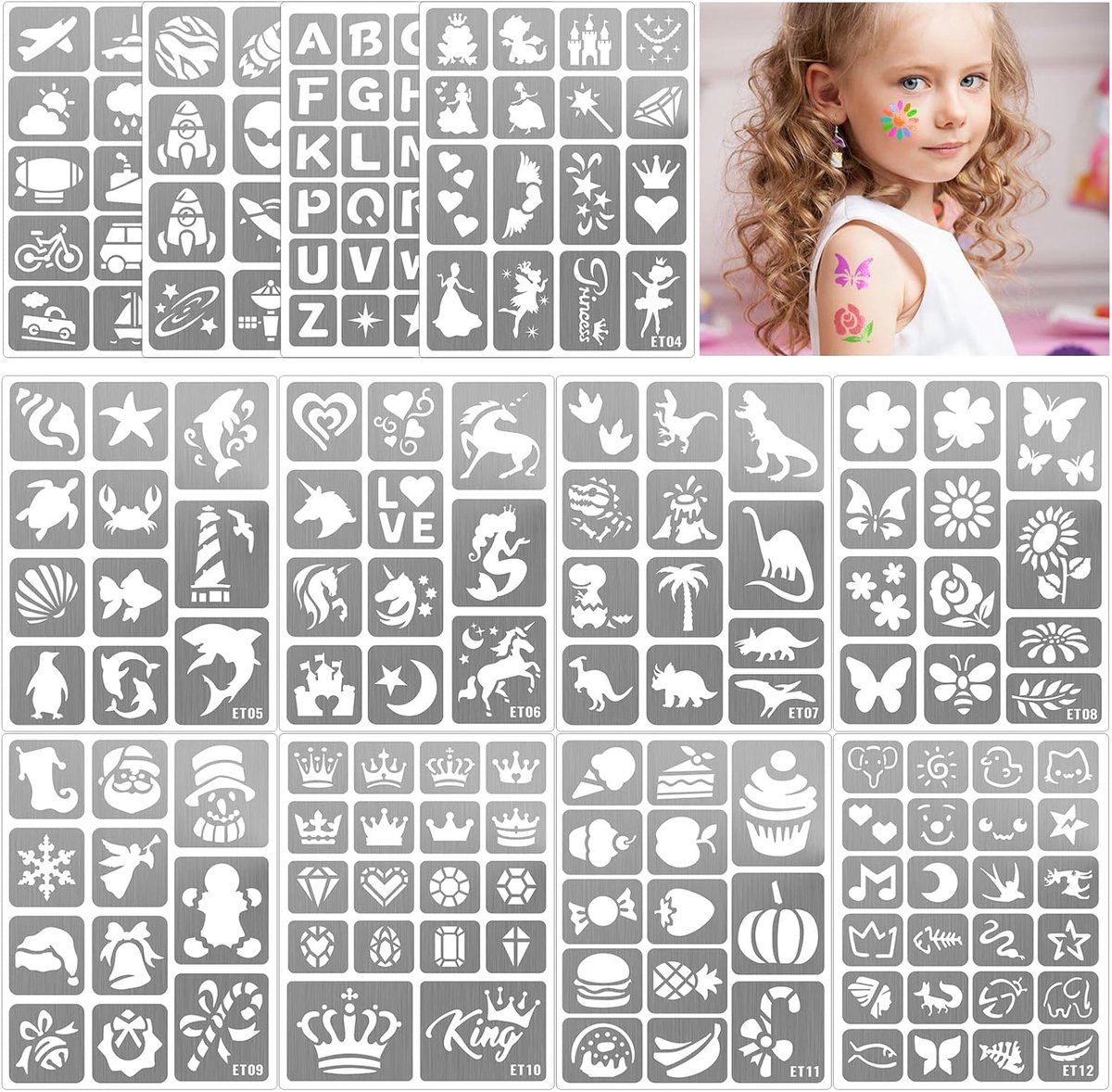 Tijdelijke Tattoo Stencils voor Kinderen, Verf Stencils Kit op Gezicht en Lichaam, Meisje Jongen Glitter Tattoos Pack voor Kinderen School Show Verjaardagen Halloween Kerstfeest Gunst