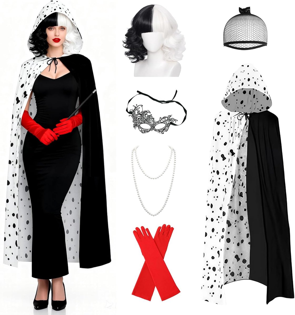 Set van 7 duivelse kostuums voor dames, carnavalskostuum voor dames met cape, pruik, handschoenen, ketting, masker voor volwassenen, kostuum voor Wereldboekendag, cosplay, mooie jurk