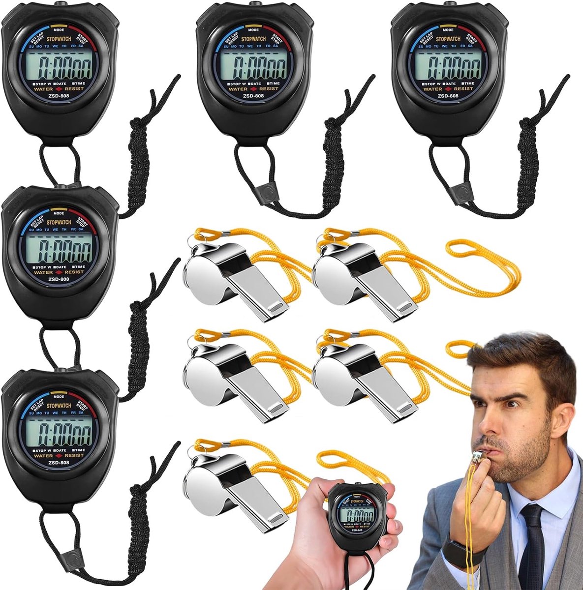 5 stuks waterdichte digitale stopwatch met 5 roestvrijstalen fluitjes, groot display, chronograaf voor trainer, fitness, hardlopen (zwart)