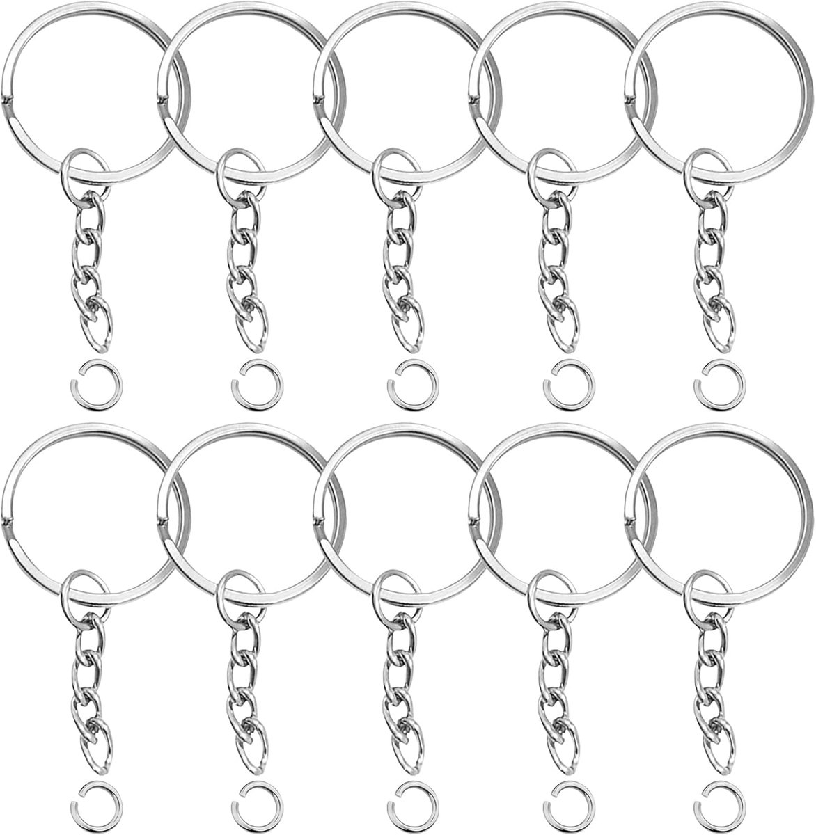 zelf maken, sleutelhangers ringen, 100 stuks 25 mm sleutelring met ketting, zilveren sleutelring, sleutelring met splitringen voor huissleutels en sleutels, handwerk, doe-het-zelf