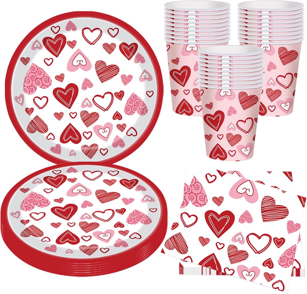 Valentine's Day Partyservies, set met borden, kopjes, servetten, themafeestdecoraties, voor 24 gasten