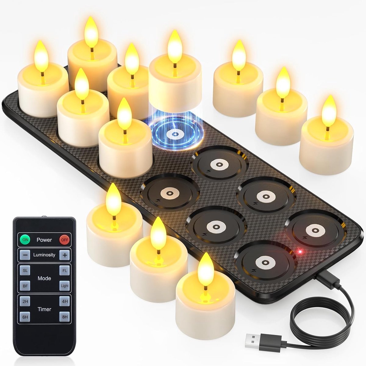 SnelShoppen - Oplaadbare Theelichten 12 Stuks LED Theelichten met Magnetische Oplaadbasis, Afstandsbediening en Timer, Waterdichte Batterij Aangedreve
