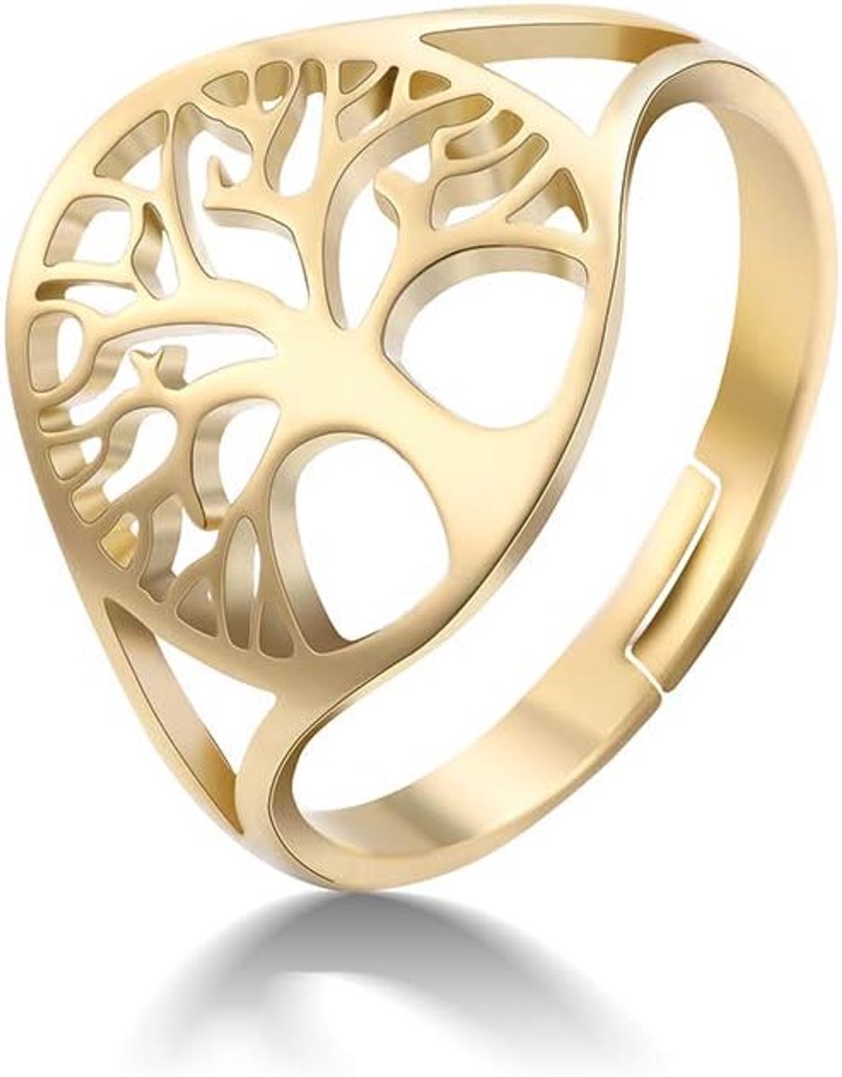 Levensboom Holle Ring Hooggepolijst Roestvrij Staal Mode Sieraden Trouwring Viking Good Luck Ring voor Vrouwen en Mannen (Goud), Goud Roestvrij Staal