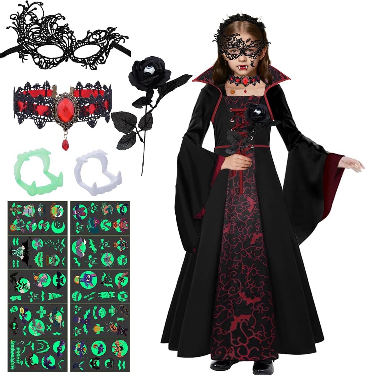 Vampierkostuum voor kinderen, gothic vampierkostuum, vampierjurk, verkleding met robijnketting, roos, vampiergebit, Halloween, carnaval, dracula, cosplay, themafeest
