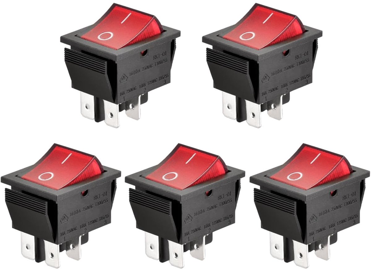 Aan-uit tuimelschakelaar, DPDT, 4 eindpunten, 16 A 250 VAC, rood oplichtend, 5 stuks