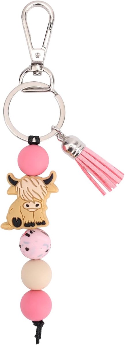 Sleutelhanger met Kralen en Kwastje, Siliconen Sleutelhanger met Dierenmotief Schattige Hooglander als Bedankje voor Vrouwen Mannen Auto en Tasdecoratie (Roze)