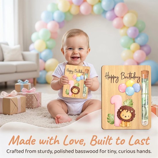 Simsky Geldgeschenk 1e verjaardag jongen, houten kaart met reageerbuis, leeuwenmotief, grappig cadeau 1 jaar jongen, houten wenskaart geldverpakking decoratieve set 13x10cm voor neef, kleinkind zoon — afbeelding 4