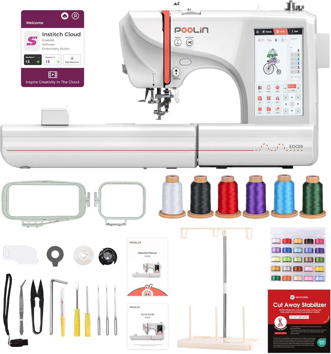 SnelShoppen - Elektronische borduurmachine met 7" LCD touchscreen - PooLin EOC05 - Borduurringen 10x10 cm en 10x23,5 cm - USB/Wi-Fi patroon import - I