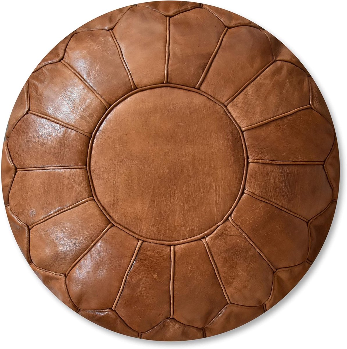 SnelShoppen - XL Echt Leren Pouf - Handgemaakt - Gevuld Geleverd - Ottomane Zitzak Voetenbank Pouf (Karamelbruin)