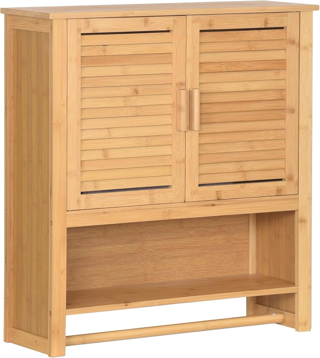 SnelShoppen - Bamboo Wandkast voor Badkamer, Ruimtebesparende Wandkast met 2 Deuren, Handdoekrek en Plank, Badkamerkast met Opbergvakken, Natuurlijke