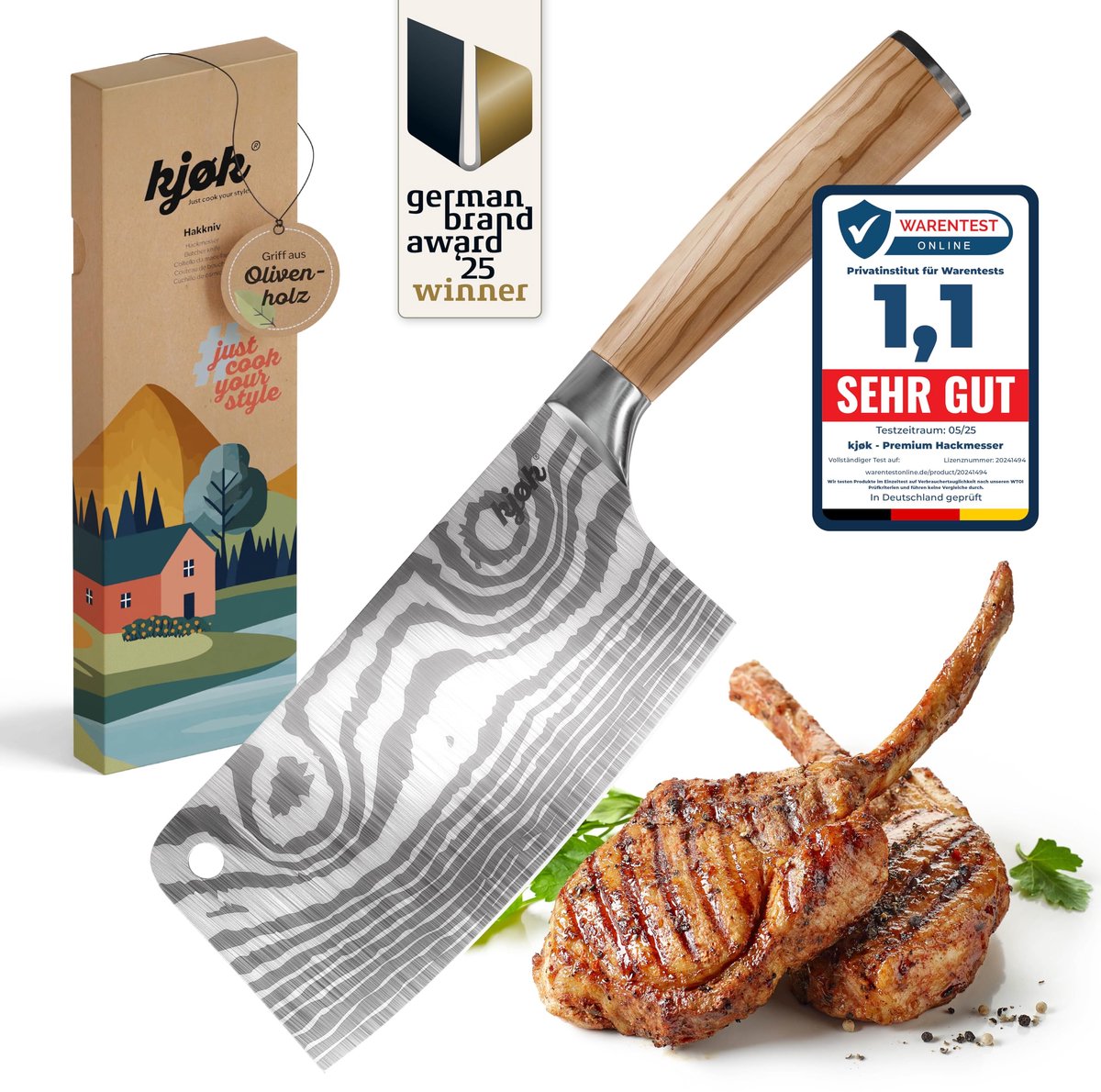 SnelShoppen - Hakmes Kjøk 17 cm, Vleesbijl met Ergonomisch Olijfhouten Handvat, 58±2 HRC, Ideaal voor Keuken en Buiten, Koken en Grillen