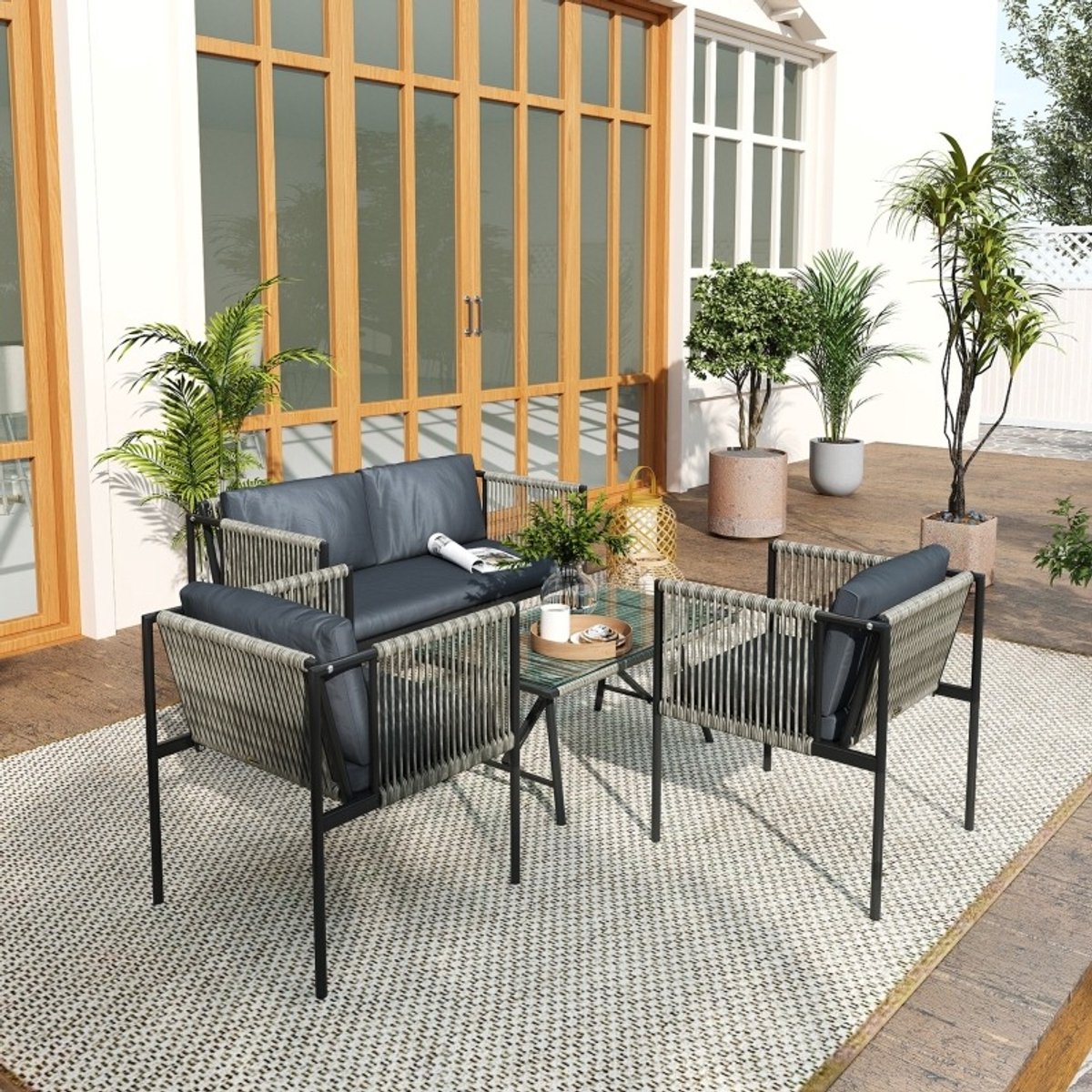 MODENUIT Loungeset 4-delig - Met Glazen Tafel En Kussens - Voor Balkon En Tuin - Kunststof-Rattan Grijs