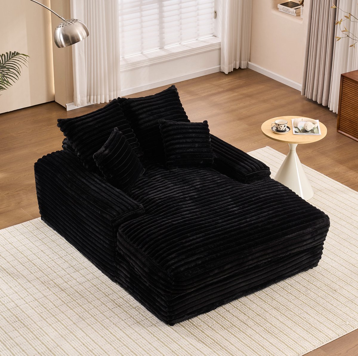 MODENUIT Chaise Longue 135 x 165 x 58 cm - Zonder Montage met 4 Kussens - Woonkamer - Ribstof Zwart