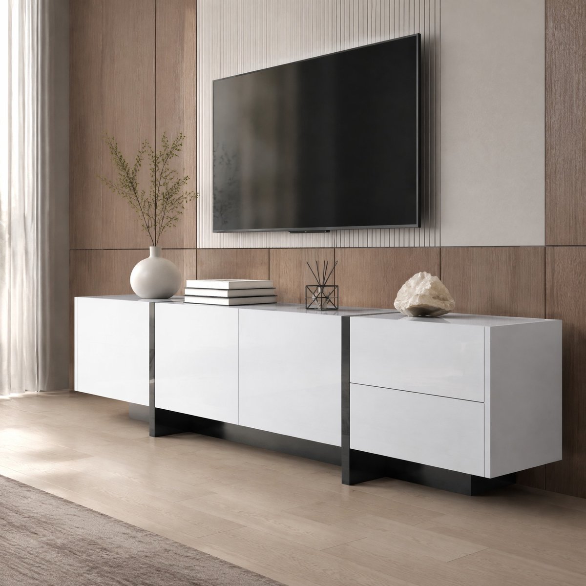 COVREO Tv meubel 190x35x45 cm wit en zwart, spaanplaat met 3 deuren