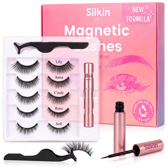 Set met 5 paar magnetische valse wimpers, inclusief applicator en magnetische eyeliner in roze verpakking.