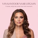 Gedeelde foto van een vrouw met subtiele make-up en wimpers aan de linkerkant, en dramatische make-up en wimpers aan de rechterkant.