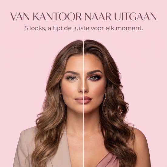 Gedeelde foto van een vrouw met subtiele make-up en wimpers aan de linkerkant, en dramatische make-up en wimpers aan de rechterkant.
