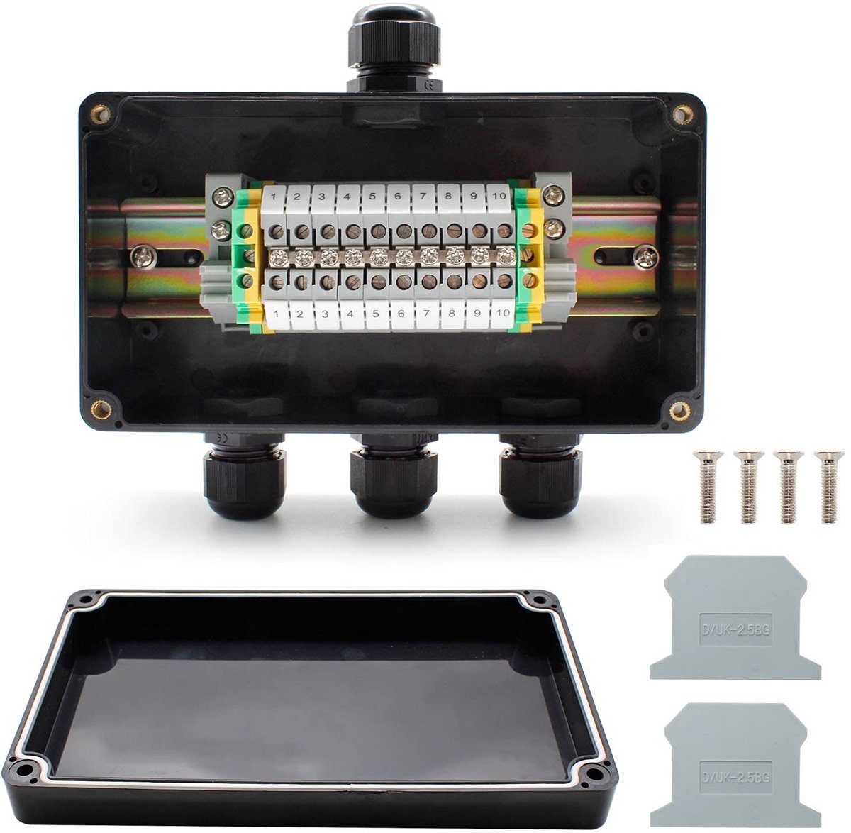 IP66 Waterproof Junction Box, 1 in 3 Outputs with Clamp UK/MBKK2.5, Terminal Block Set on DIN Rail, Crimp Connector - ShopVlot