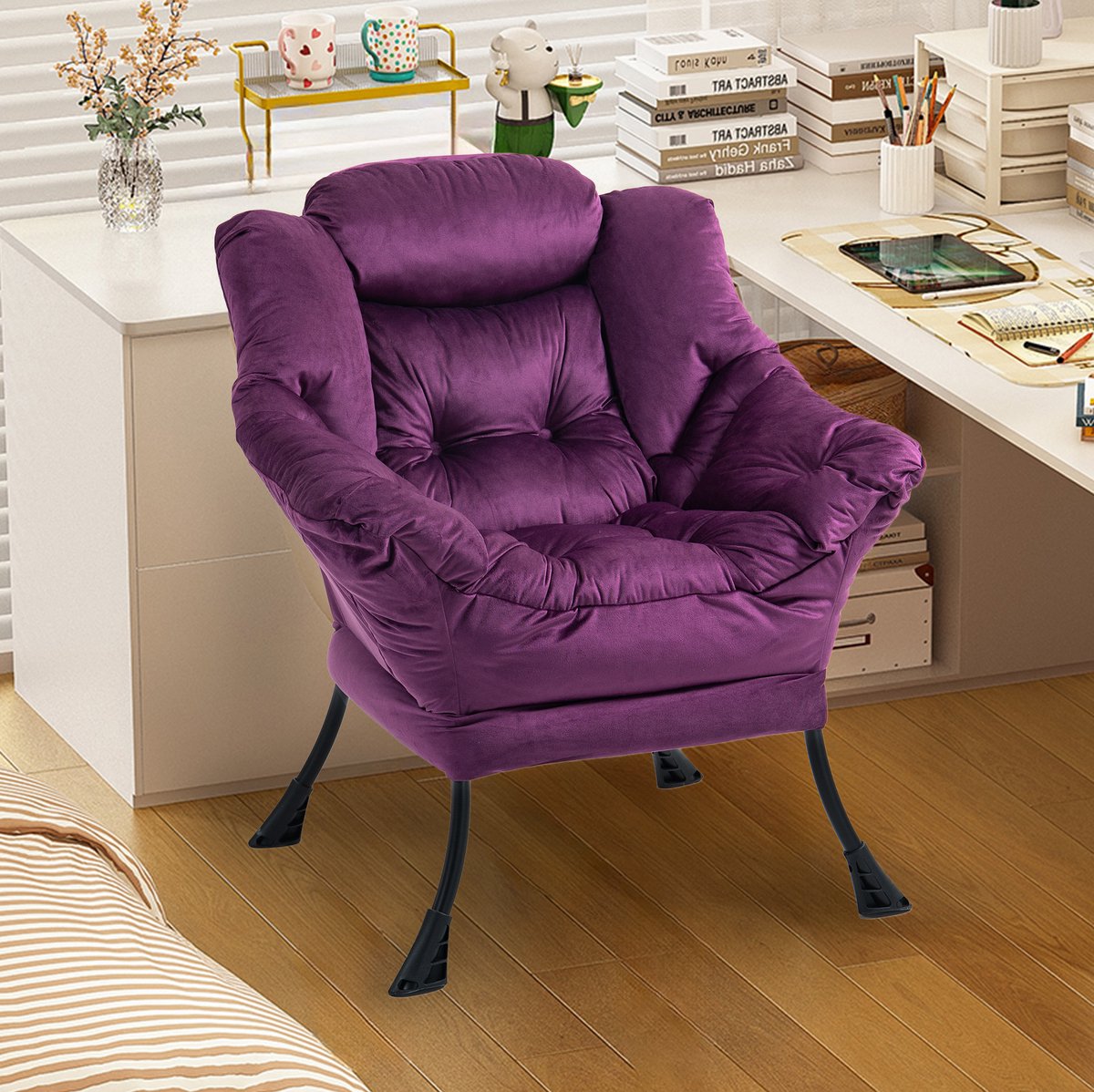 MODENUIT Fauteuil 81 x 95 cm - Met Zijvak en Armleuningen - Voor Woonkamer en Slaapkamer - Metaal Velvet Paars