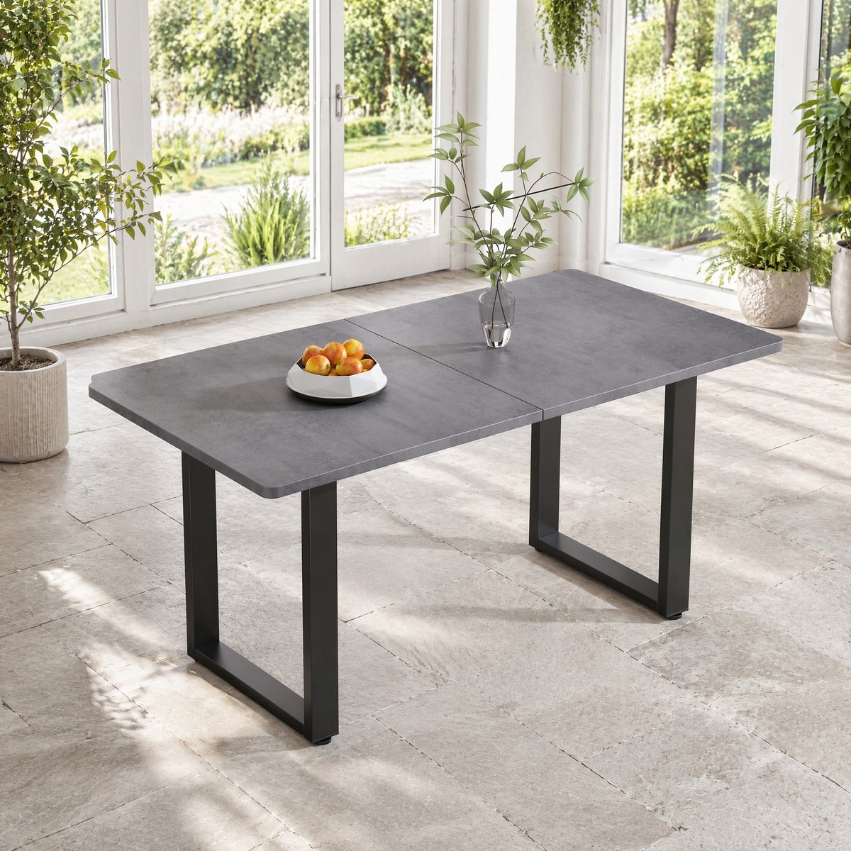 COVREO Eettafel 140 x 70 x 75 cm grijs, spaanplaat, metalen frame, industrieel