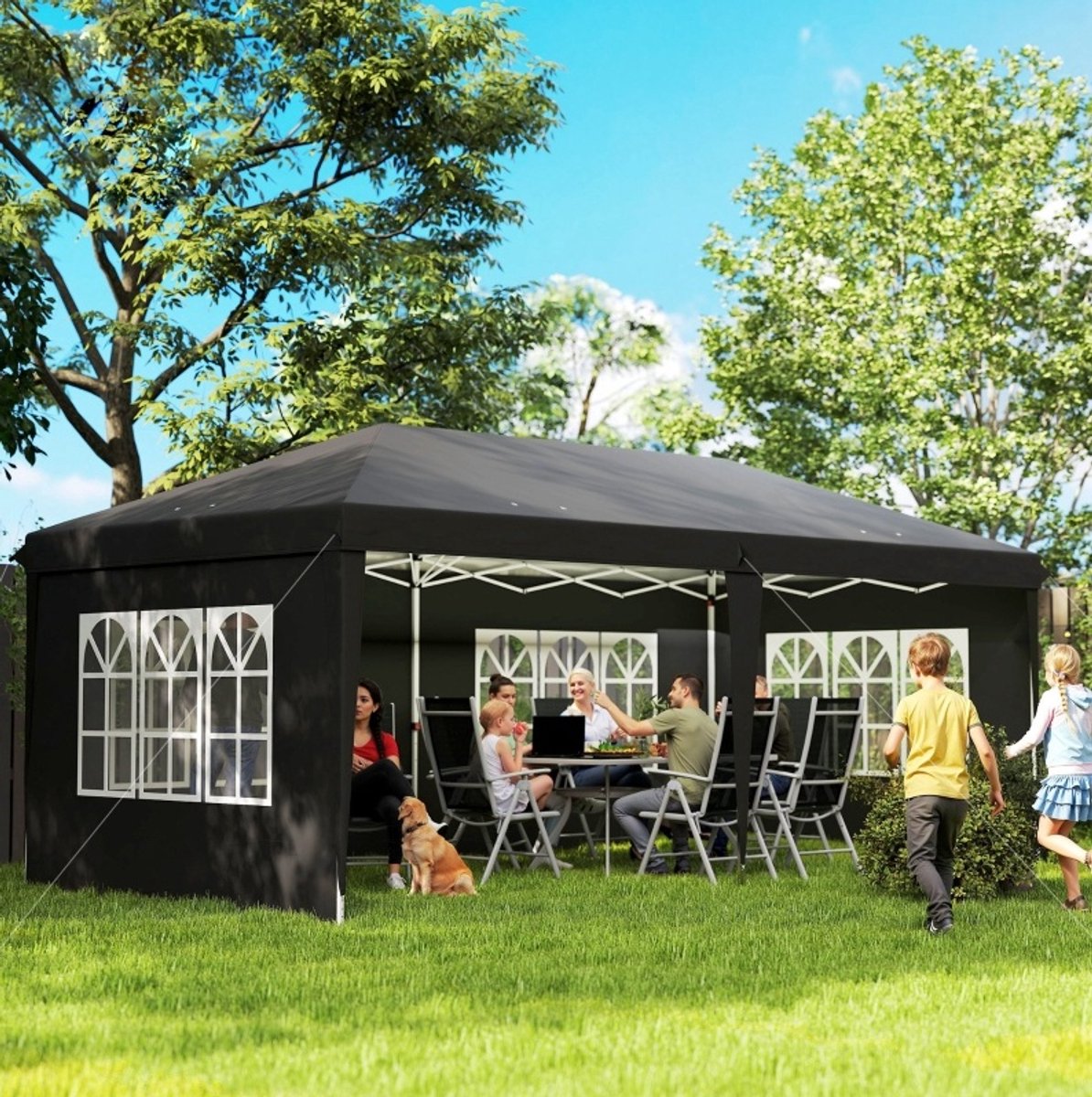 Partytent Pop Up 3 x 6 M Met 4 Zijwanden En Ramen Waterdicht Oxford Stof Zwart Tuinpaviljoen