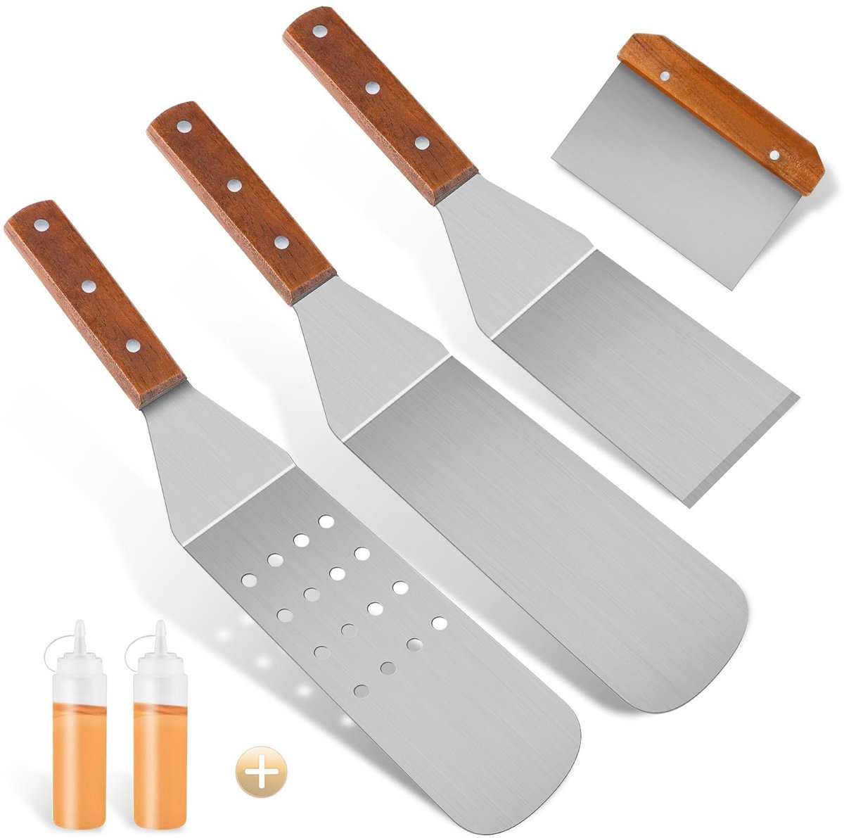 Omgoods- Grillspatelset 4 Stuks - Roestvrijstalen Spatel - Houten Handgrepen - Knijpflessen - Voor Teppanyaki/Plancha - Grote Draaikop - Grillgereedschap