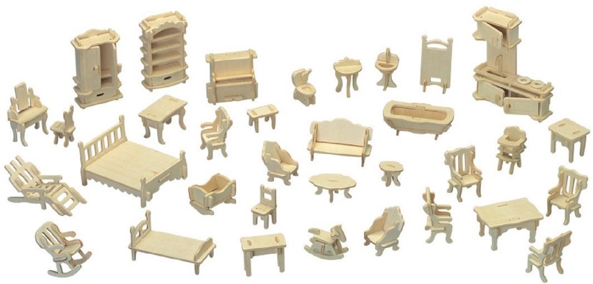 Omgoods - Houten Meubels Set voor Poppenhuis, 28 Stuks, Geschikt voor Diverse Poppen