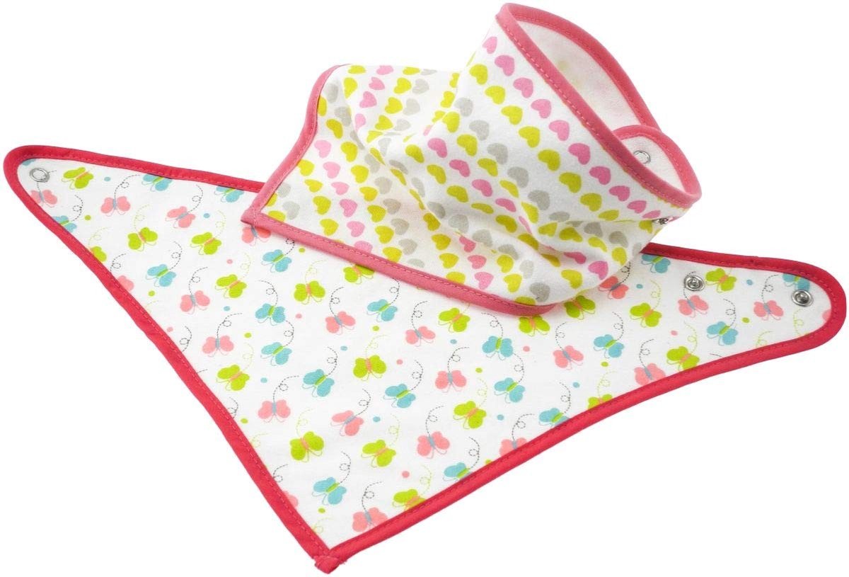Omgoods - Set van 2 Baby Bandana Slabbetjes met Vlinders en Harten, Multicolour