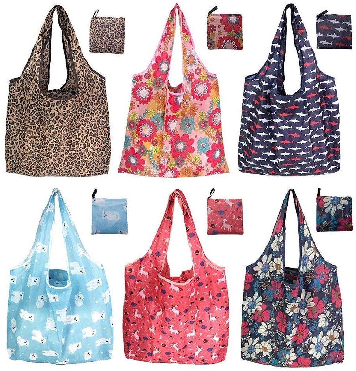 Omgoods - Set van 6 Herbruikbare Vouwbare Shoppingtassen in Diverse Kleuren