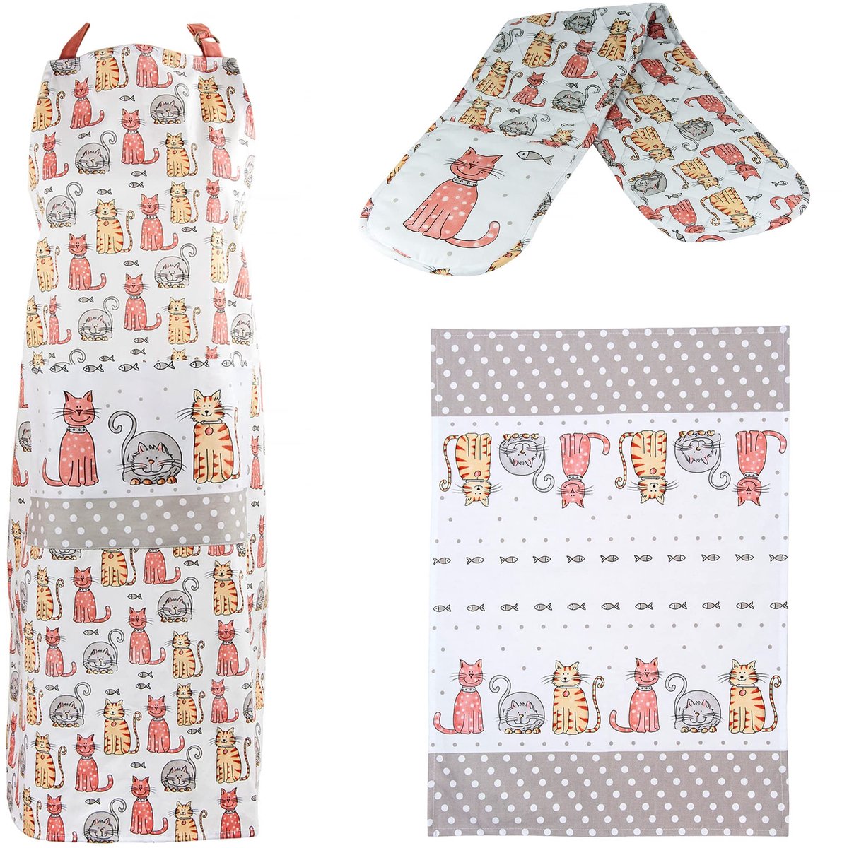 Omgoods - Keukentextiel Cadeauset 3-delig met Schattige Katten Print