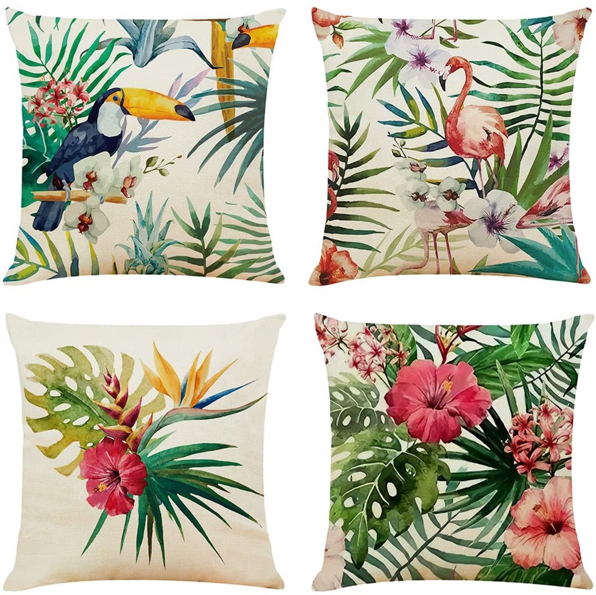 Omgoods - Set van 4 Decoratieve Kussenhoezen - Tropische Planten - 40x40 cm