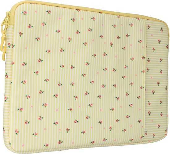 Housse d'ordinateur portable avec de fines rayures verticales jaunes et un imprimé intégral de petites fleurs rouges et de cœurs.