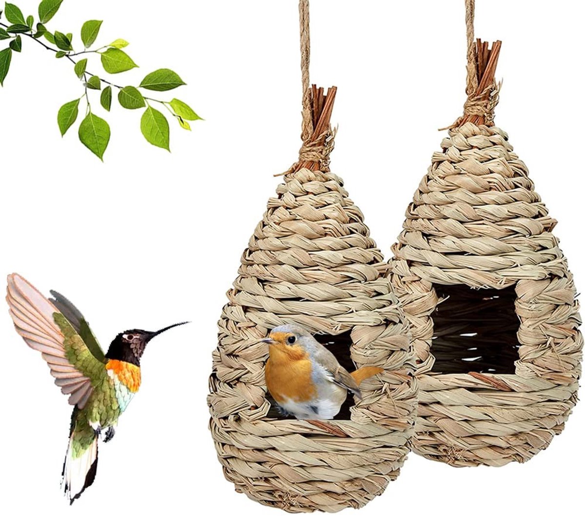 Omgoods- Vogelnest Handgeweven - Slijtvast Vogelhuisje - Natuurlijk Gras - Voor Tuinvogels - Afmetingen 11,5 x 22 cm - Comfortabel en Goed Geventileerd