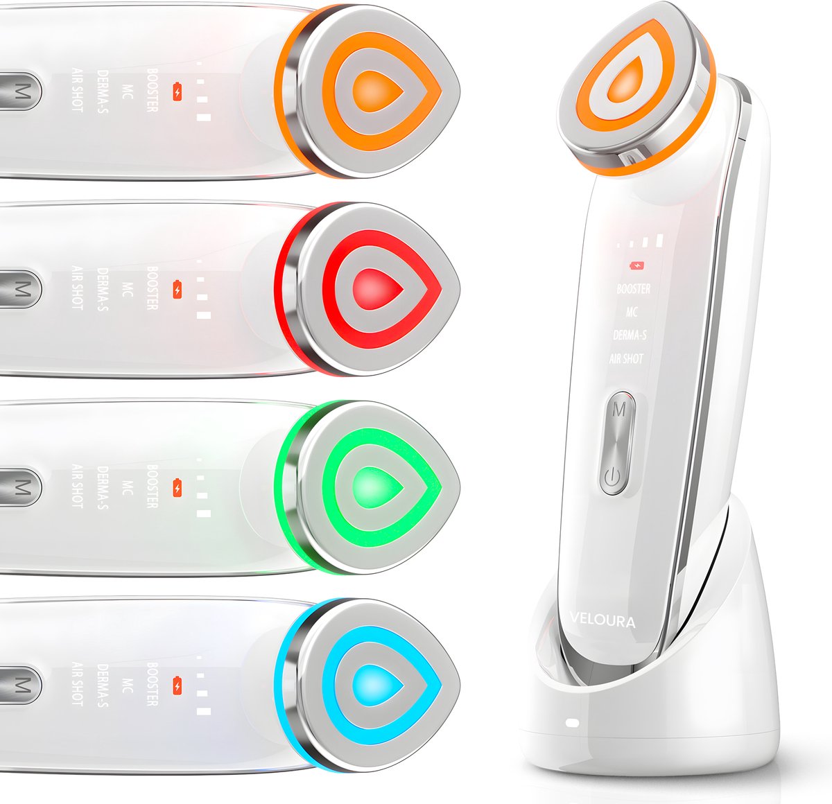 Veloura Skin Booster Pro – Gezichtsmassage Apparaat met EMS & LED Licht – 4-in-1 Huidverzorging – Skincare – Inclusief Oplaaddock