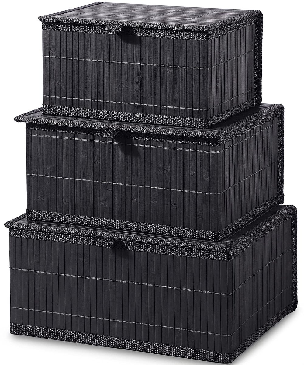 Omgoods - Set van 3 Decoratieve Opslagmanden van Bamboe met Deksel