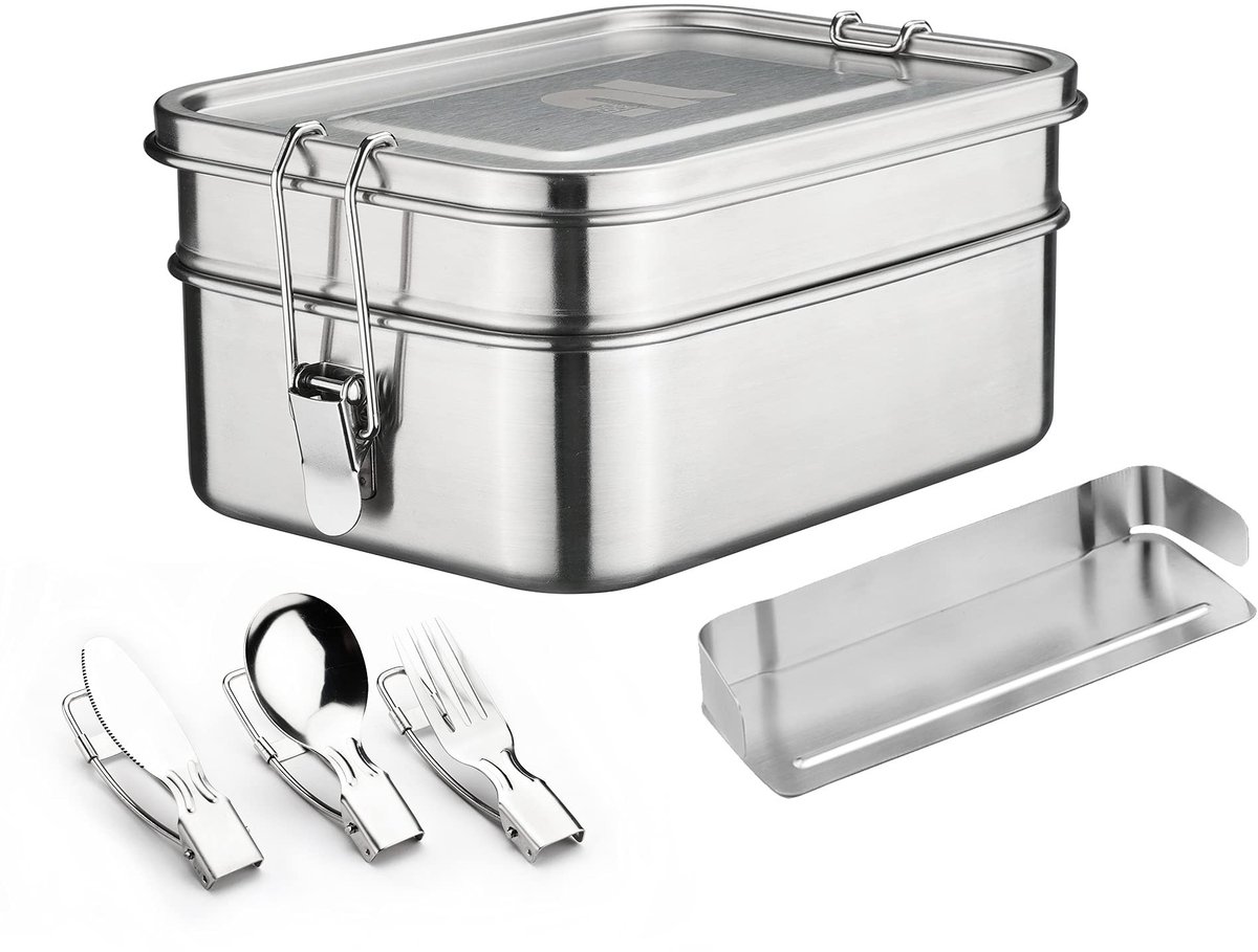 Omgoods - 2-Laags RVS Lunchbox met Vouwbare Bestek en Verwijderbare Verdeler