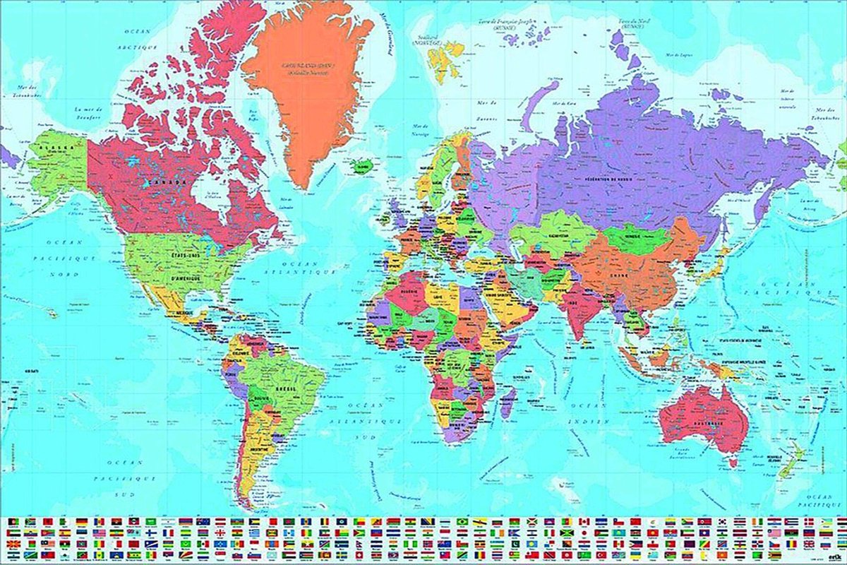 Omgoods - Wereldkaart Poster met Vlaggen in het Frans (36" x 24")