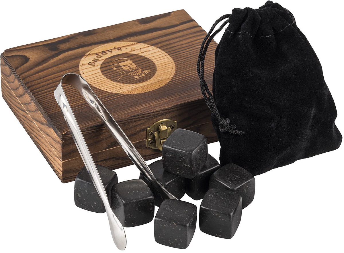 Buddy´s Bar whiskey stones set - 9 koelstenen 2 x 2 cm - zwart natuursteen - houten geschenkdoos