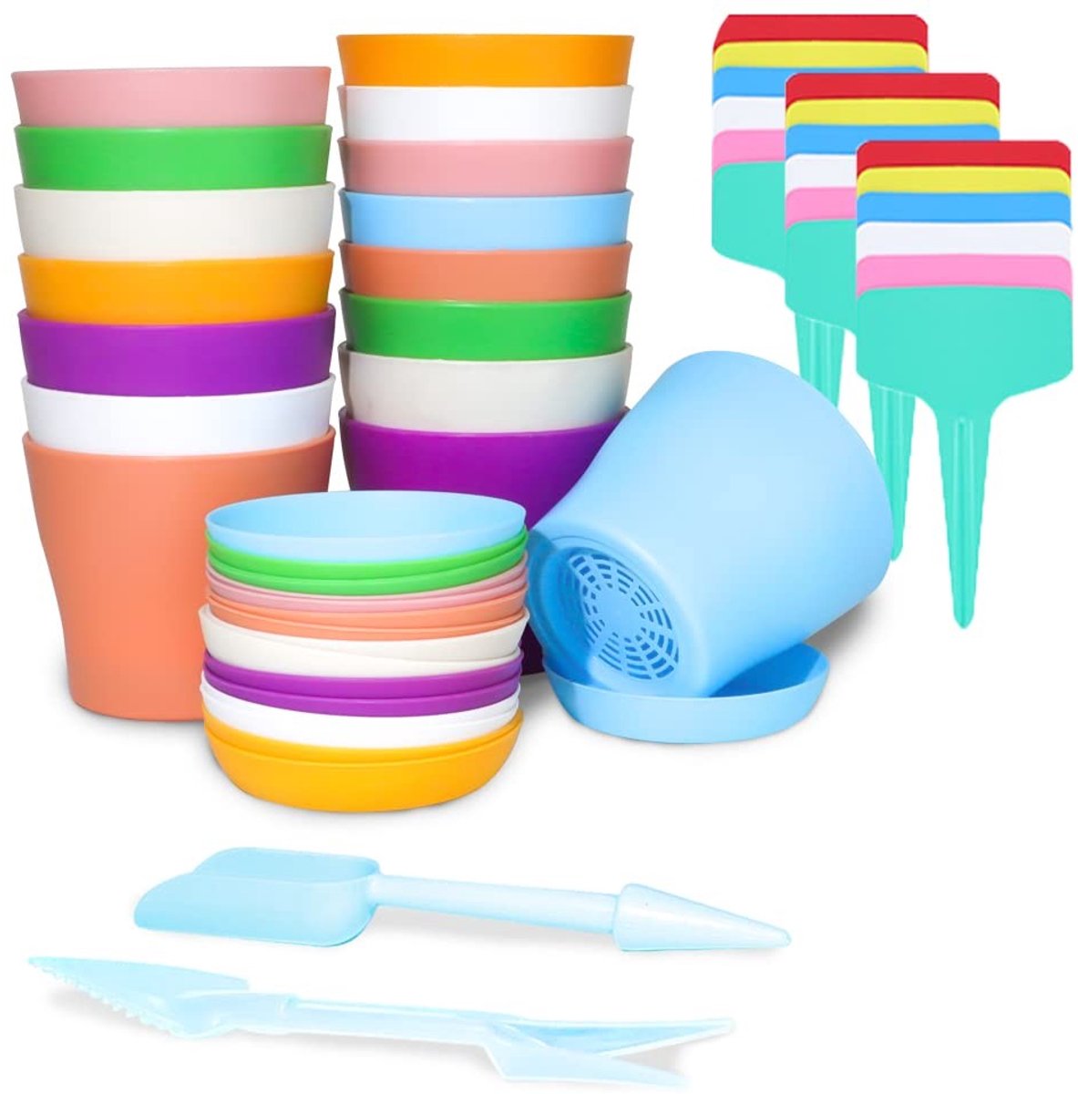 Omgoods - 36-delige kleurrijke plastic plantenpotten set met 16 bloempotten en 18 labels