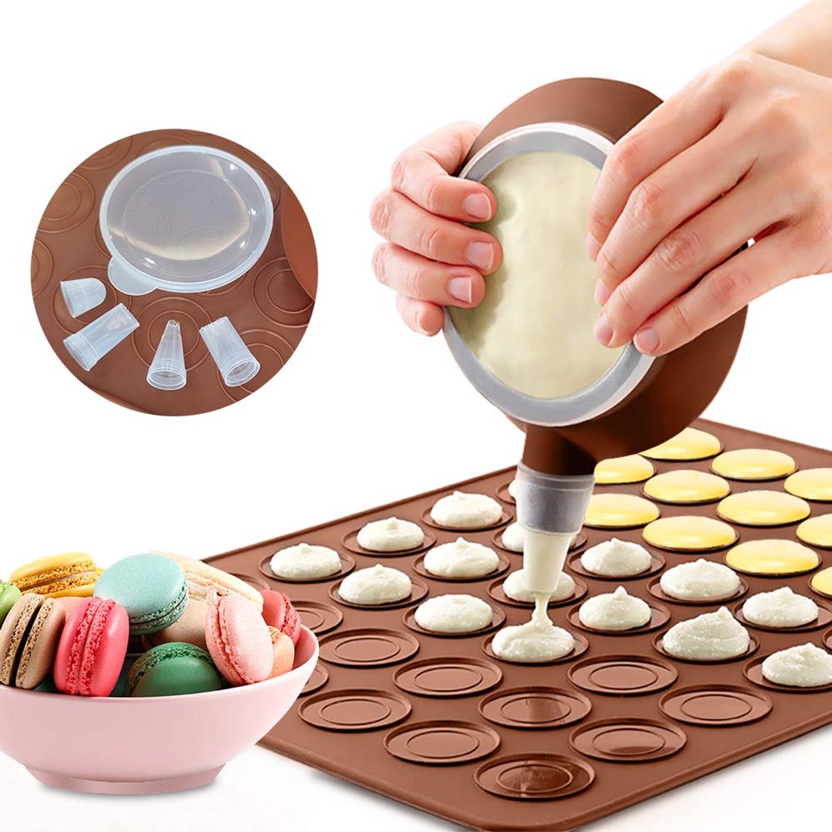 Omgoods - Silicone Bakmat voor Macarons met 48 Gaten - Inclusief Decoratie Pen en Nozzles