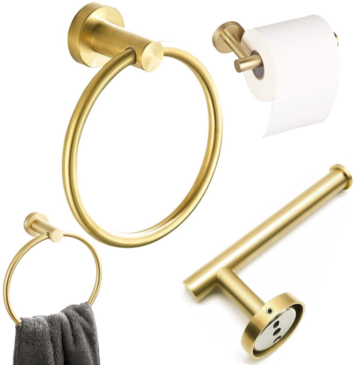 Omgoods - Badkamer Accessoires Set - Handdoekring en Toiletrolhouder Goud Geborsteld