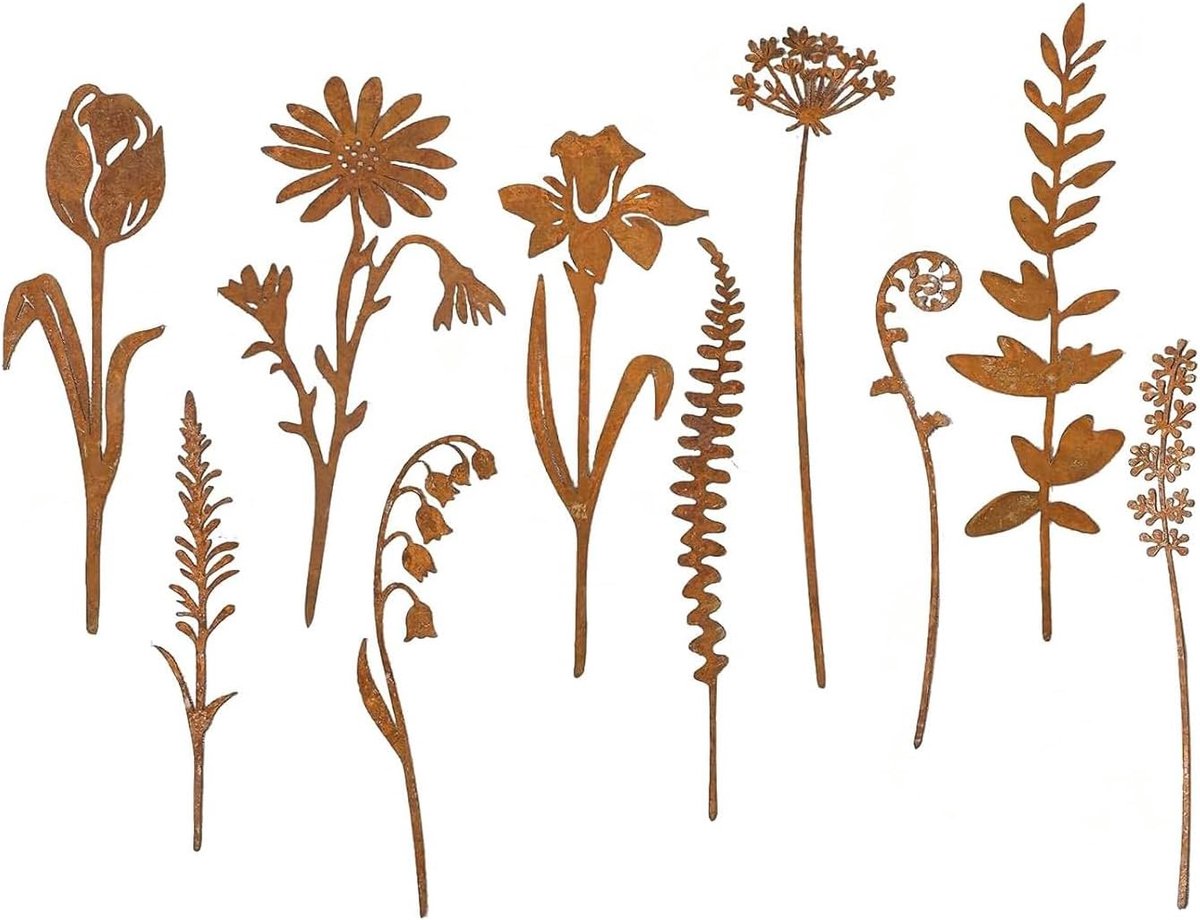 Set van 10 tuindecoratieroest, metalen roestdecoratie voor tuin, roestbloemen, tuindecoratie voor buiten, geschikt - ShopVlot