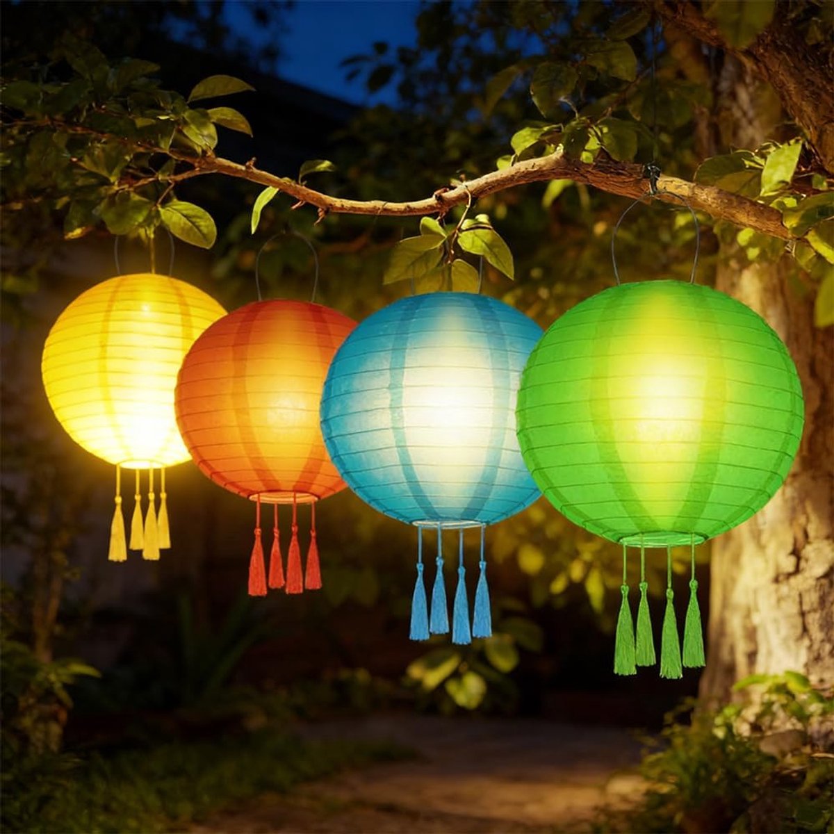 SnelShoppen - Set van 4 Solar Lantaarns Buiten Weerbestendig 25 cm LED Hanglampen Tuin Balkon Decoratie Kleur: Rood, Geel, Blauw, Groen