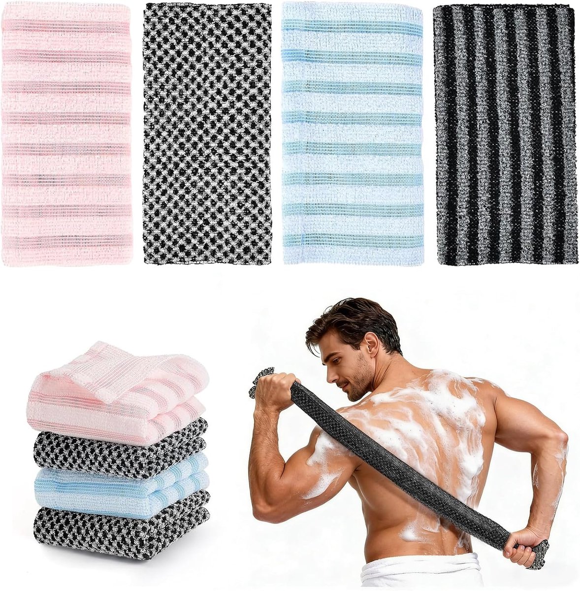 4 stuks exfoliërende douchehanddoek, Japanse rugscrubber-set, extra lang exfoliërend washandje voor mannen en vrouwen - ShopVlot